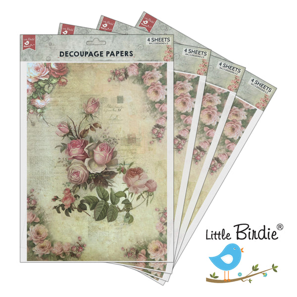 Little Birdie Decoupage Paper A4 - Pack of 4 (16 Sheets Total) | Craft Paper for DIY, Home Decor, and Mixed Media Art - (Fairy Blossom)