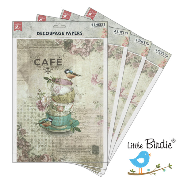 Little Birdie Decoupage Paper A4 - Pack of 4 (16 Sheets Total) | Craft Paper for DIY, Home Decor, and Mixed Media Art - (Birdie CAF)