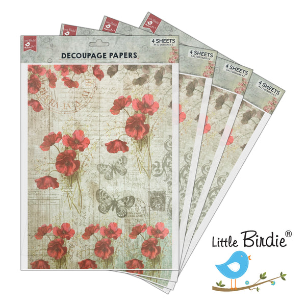 Little Birdie Decoupage Paper A4 - Pack of 4 (16 Sheets Total) | Craft Paper for DIY, Home Decor, and Mixed Media Art - (Poppy Grace)