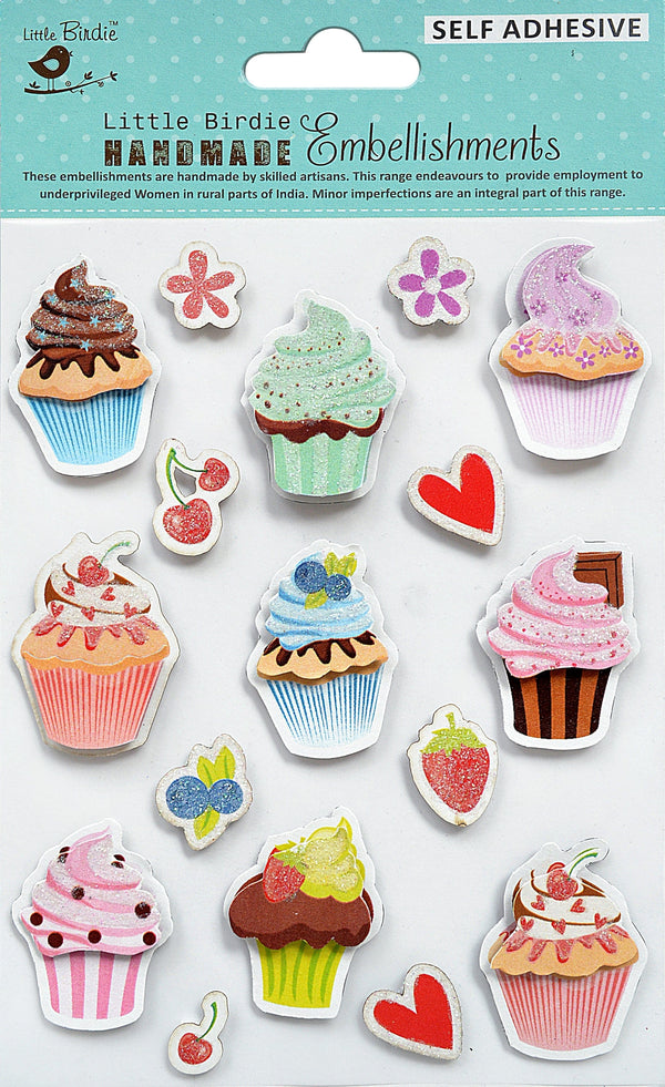 Little Birdie 3D Embellishment 17/Pkg Cupcakes And Berries